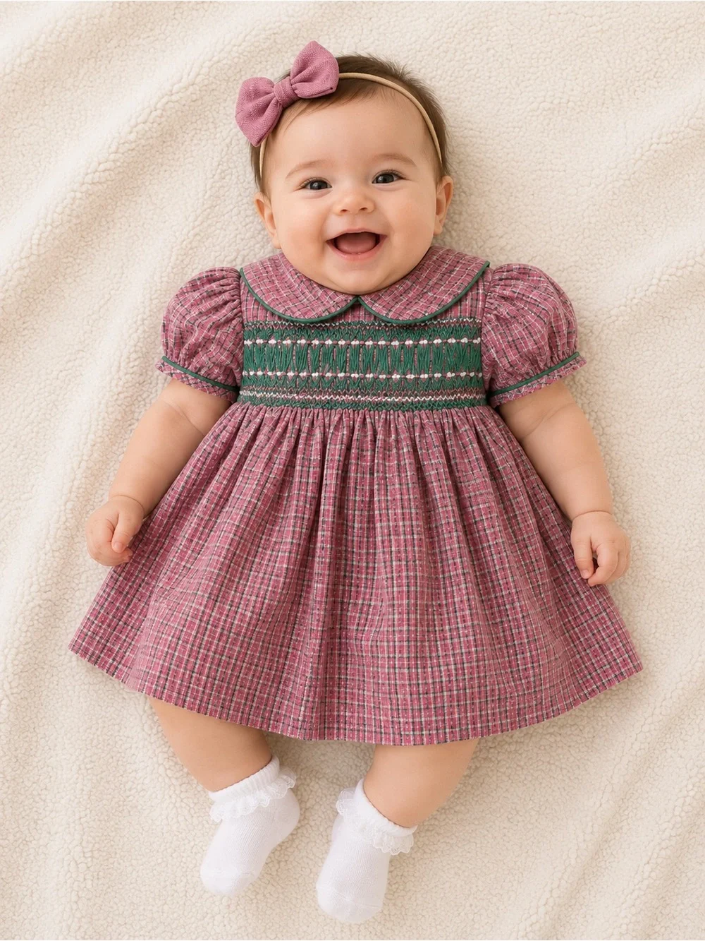 Girls' Pink Plaid Smocked Formal Dress with Green Yoke